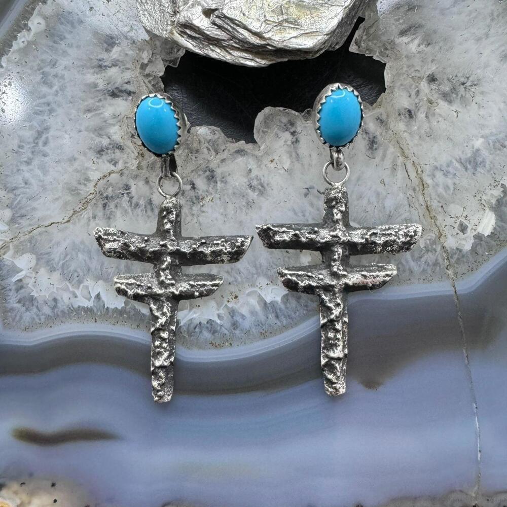 Cheyenne Custer Sterling Sleeping Beauty Turquoise Tufa Cast Dangle Earrings